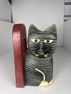Hand Carved Painted Wood Striped Cat Bookend Single Folk Art